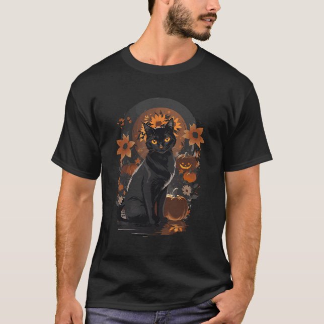 Halloween Black Cat Witch Hat Fall Vibes Pumpkins  T-Shirt (Front)