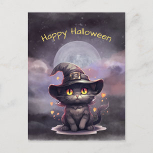 Halloween Black Cat Witch Hat Illustration Holiday Postcard