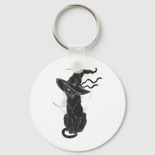 Halloween Black Cat Witch Hat Moon Keychain