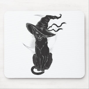 Halloween Black Cat Witch Hat Moon Mouse Pad