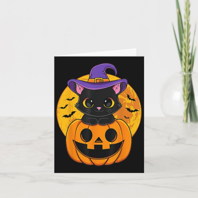 Halloween Black Cat Witch Hat Pumpkin  Card (Front)