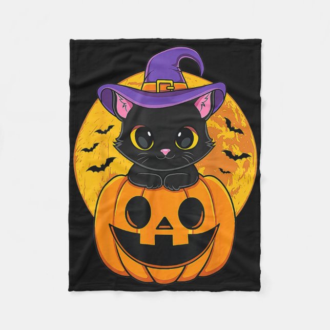 Halloween Black Cat Witch Hat Pumpkin  Fleece Blanket (Front)