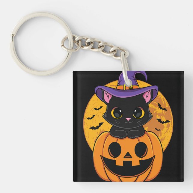 Halloween Black Cat Witch Hat Pumpkin For Kids Gir Keychain (Front)