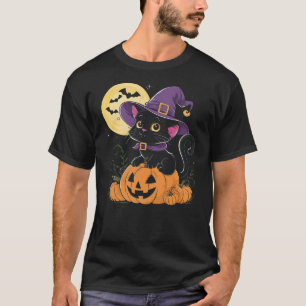 Halloween Black Cat Witch Hat Pumpkin For Kids Gir T-Shirt