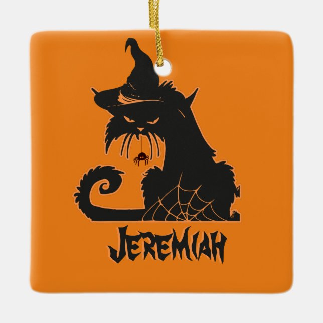 Halloween Black Cat Witch Spooky Spiders    Ceramic Ornament (Front)