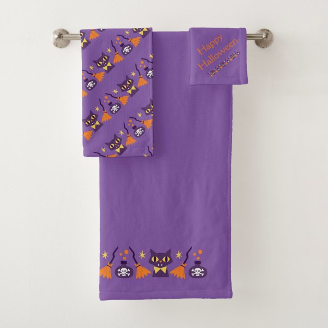 Halloween Black Cat, Witches Broom and Poison  Bath Towel Set (Insitu)