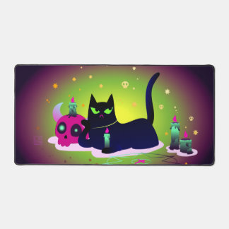Halloween Black Cat with a candle and a scull Desk Mat