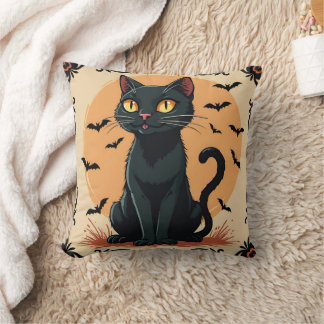 HALLOWEEN BLACK CAT WITH BATS THROW PILLOW