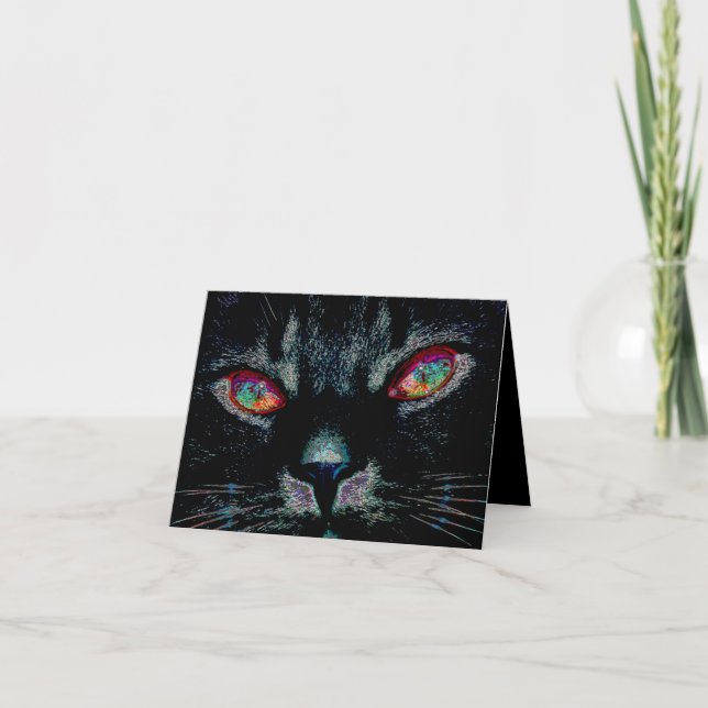 Halloween Black Cat with Fire Eyes Card (Front)