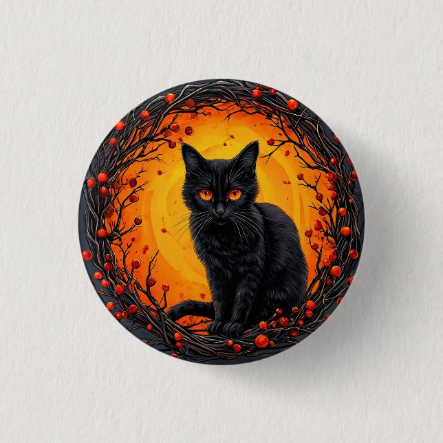 Halloween Black Cat with Glowing Eyes 1 Inch Round Button (Front)