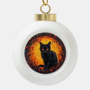Halloween Black Cat with Glowing Eyes Ceramic Ball Christmas Ornament