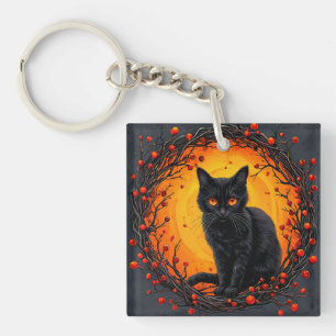 Halloween Black Cat with Glowing Eyes Keychain