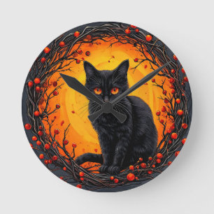 Halloween Black Cat with Glowing Eyes Round Clock