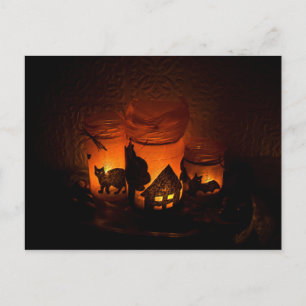 Halloween Black Cat with Luminaries and Bats Postcard