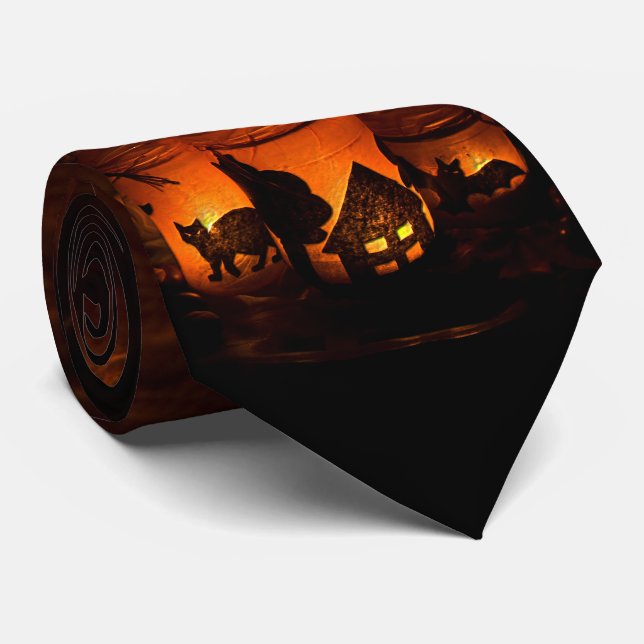 Halloween Black Cat with Luminaries and Bats Tie (Rolled)