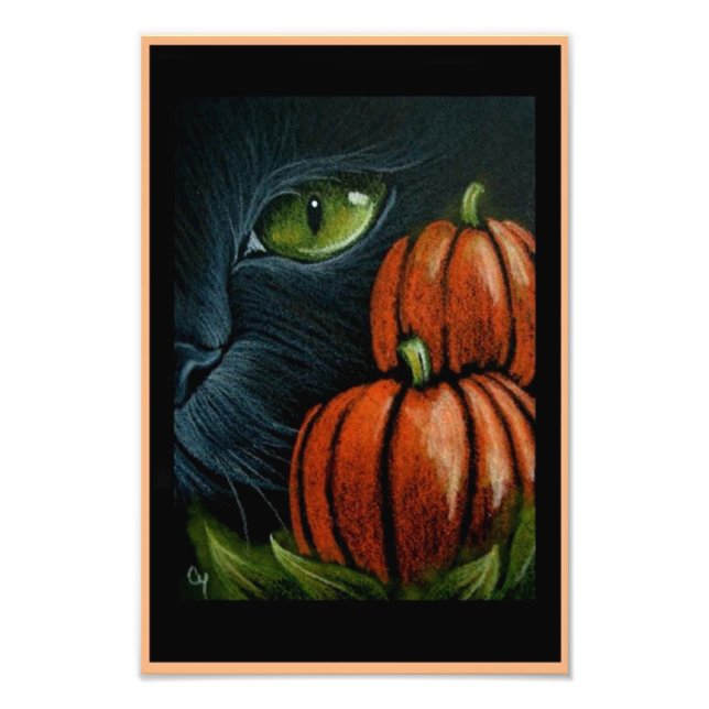 HALLOWEEN BLACK CAT with PIMPKINS 4" X 6" PRINT (Front)