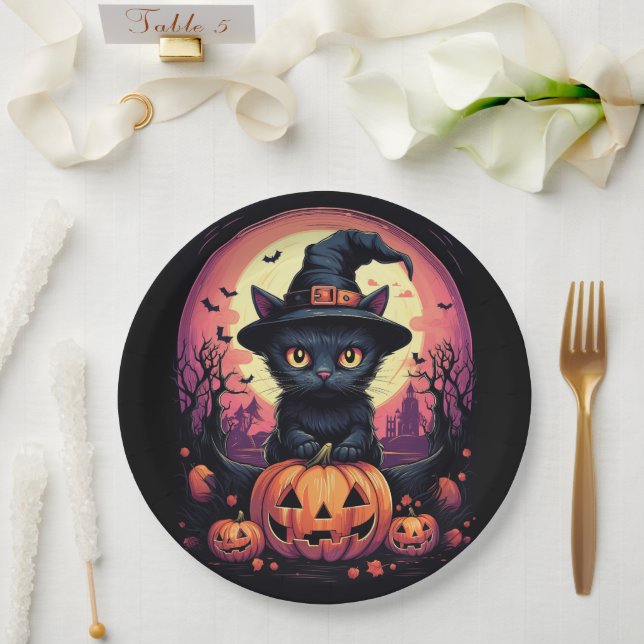 Halloween Black CAT with Pumpkin and Witch HAT Paper Plate (Wedding)