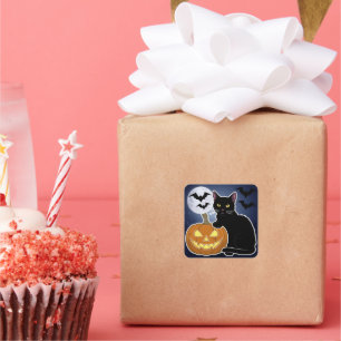 halloween black cat with pumpkin square sticker