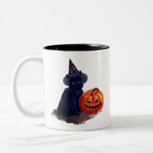 Halloween Black Cat with Pumpkin Two-Tone Coffee Mug