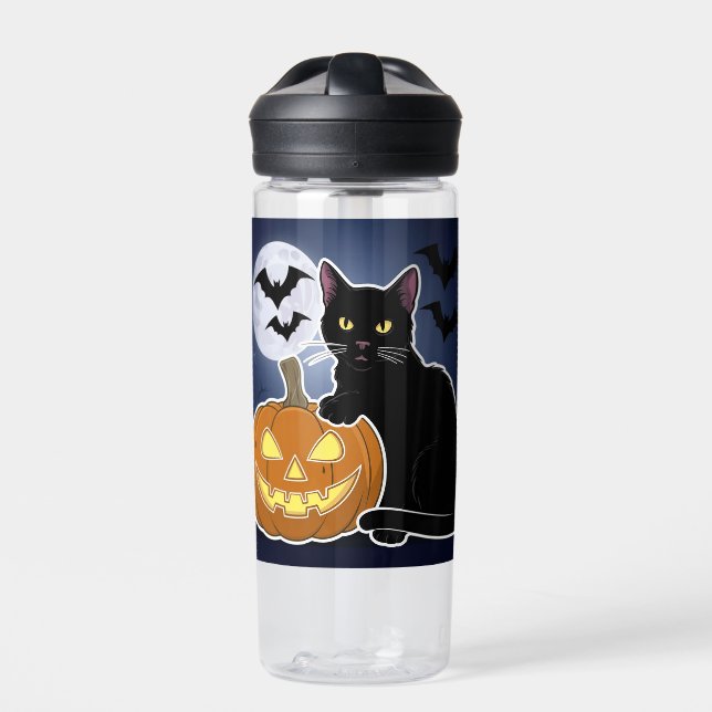 halloween black cat with pumpkin water bottle (Front)