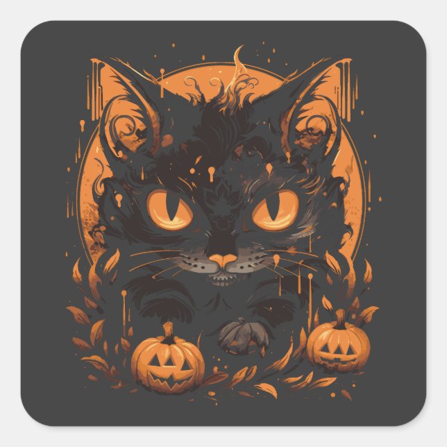 Halloween Black Cat with Pumpkins and Moon Square Sticker (Front)