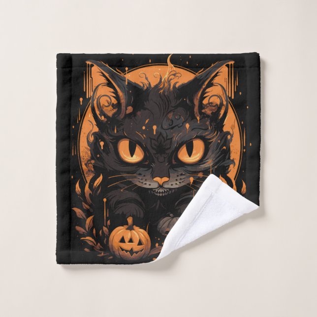Halloween Black Cat with Pumpkins and Moon Wash Cloth (Wash Cloth)