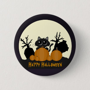 Halloween Black Cat with Pumpkins in a Graveyard 2 Inch Round Button