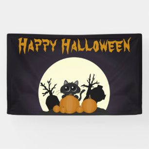 Halloween Black Cat with Pumpkins in a Graveyard Banner