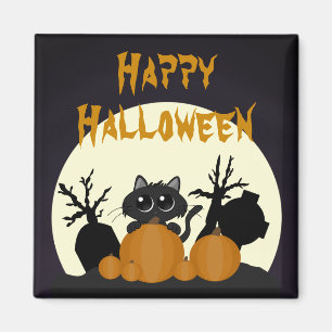 Halloween Black Cat with Pumpkins in a Graveyard Magnet