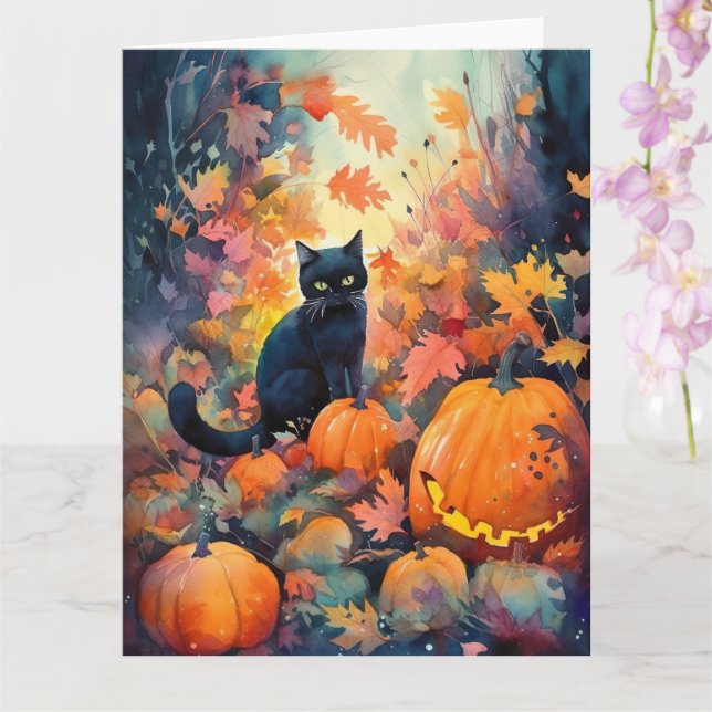 Halloween Black Cat With Pumpkins Scary Card (Orchid)