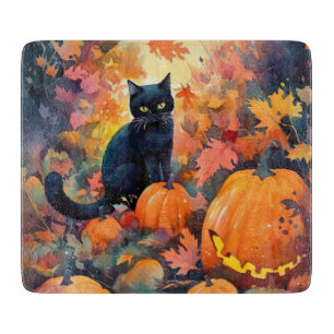 Halloween Black Cat With Pumpkins Scary Cutting Board