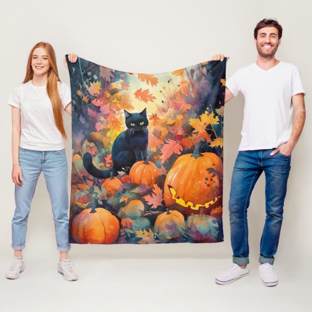 Halloween Black Cat With Pumpkins Scary Fleece Blanket (In Situ)