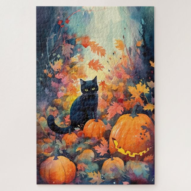 Halloween Black Cat With Pumpkins Scary Jigsaw Puzzle (Vertical)