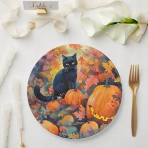 Halloween Black Cat With Pumpkins Scary Paper Plate