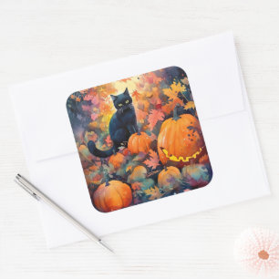 Halloween Black Cat With Pumpkins Scary Square Sticker