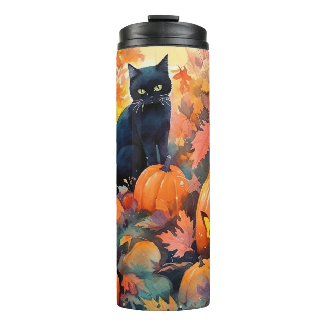 Halloween Black Cat With Pumpkins Scary Thermal Tumbler (Front)