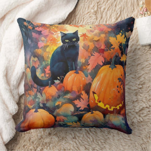 Halloween Black Cat With Pumpkins Scary Throw Pillow