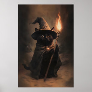 Halloween Black Cat Wizard Vintage Print