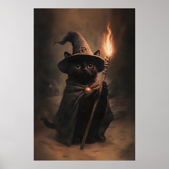 Halloween Black Cat Wizard Vintage Print (Front)
