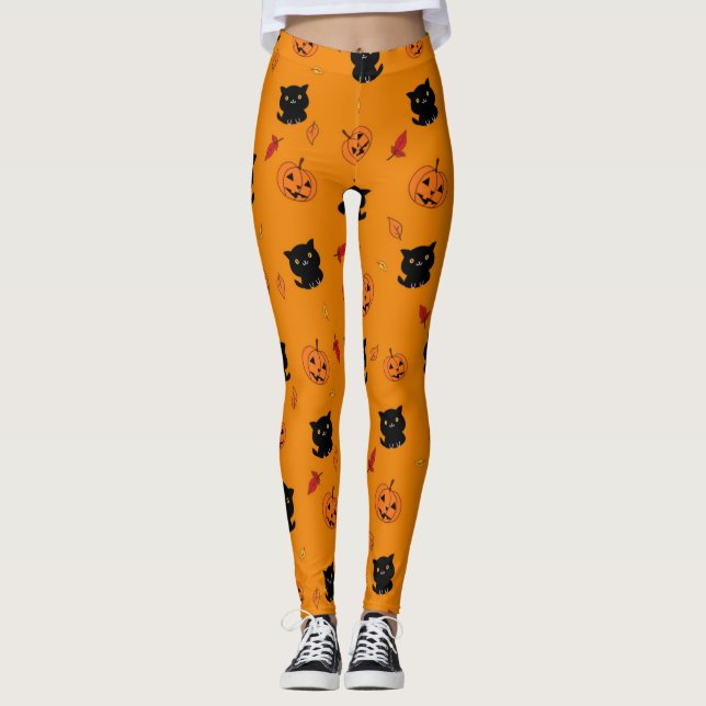 Halloween Black Cats And Pumpkins Pattern Leggings (Front)