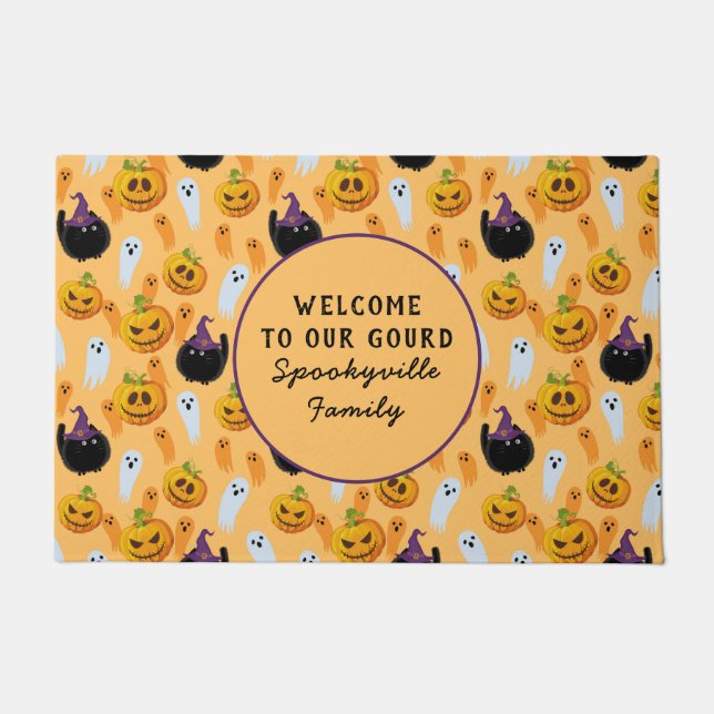 Halloween Black Cats Ghost Pumpkins Family Name Doormat (Front)