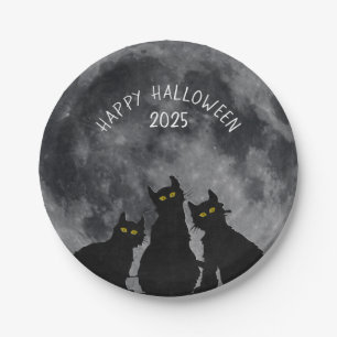 Halloween black cats on full moon paper plate