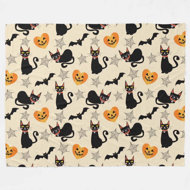 Halloween Black Cats, Pumpkins, Bats and Webs Fleece Blanket (Front (Horizontal))