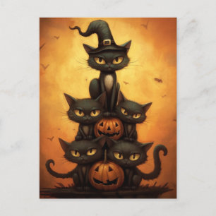 Halloween Black Cats Sitting on Pumpkins. Postcard