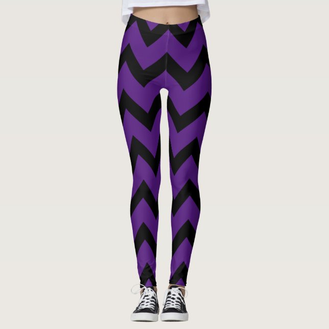 Halloween Black chevron stripes lines on purple Leggings (Front)