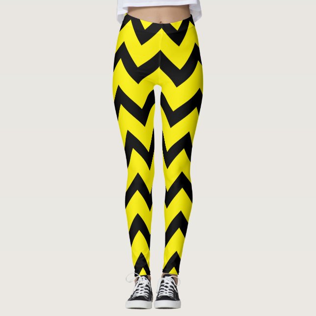 Halloween Black chevron stripes lines on yellow Leggings (Front)