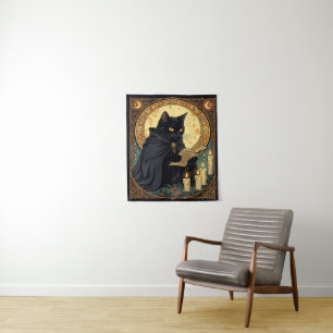 Halloween Black-Coloured Feline Reading A Book Tapestry