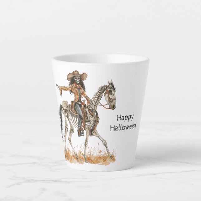 Halloween Black Cowgirl Western Horse Skeleton Latte Mug (Front)