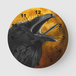 Halloween Black Crow Round Clock