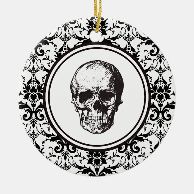 HALLOWEEN Black Damask Pattern Skull Personalized Ceramic Ornament (Front)